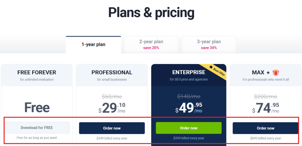 SEO Powersuite Pricing Page